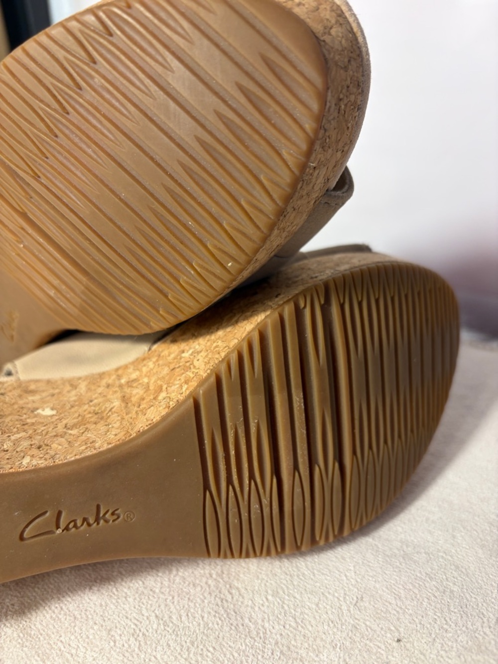 Clarks Taupe Leather Cork Slingback Wedges - Picture 8 of 12